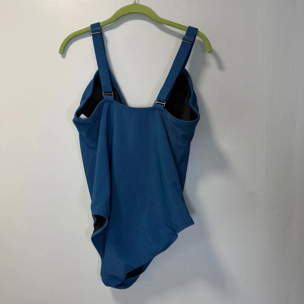 Kona‎ Sol Womens XL Blue Ribbed Front Zip One Piece Swimsuit Adjustable Straps